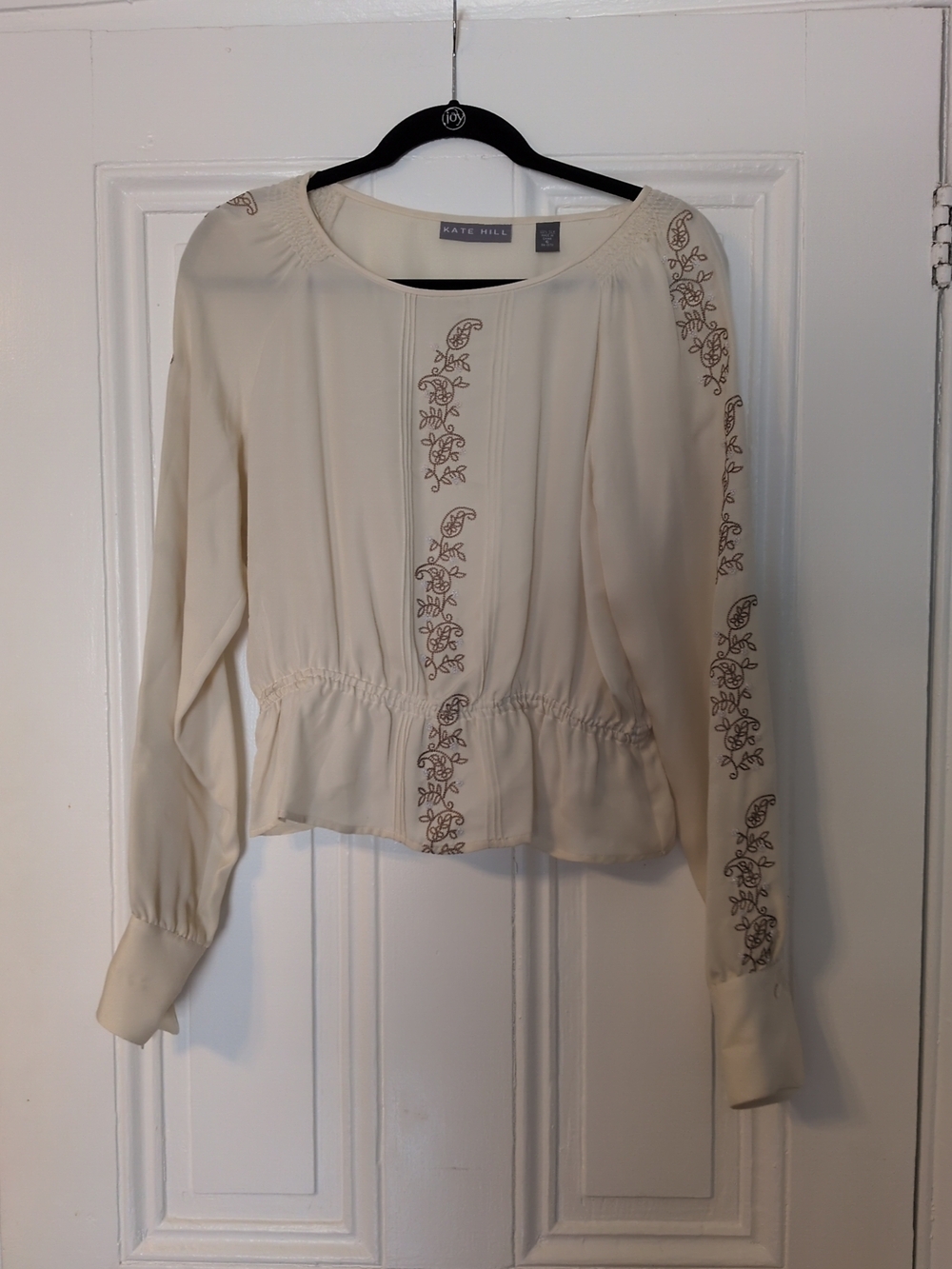 Kate Hill Cream Embroidered Long-Sleeve Peplum Blouse